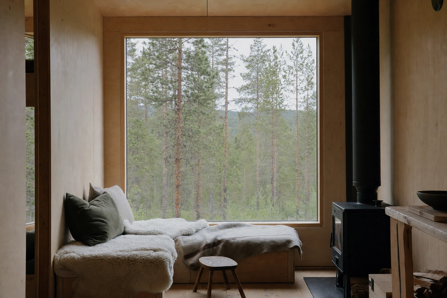 Vinduskarmen som rammer inn furuskogen